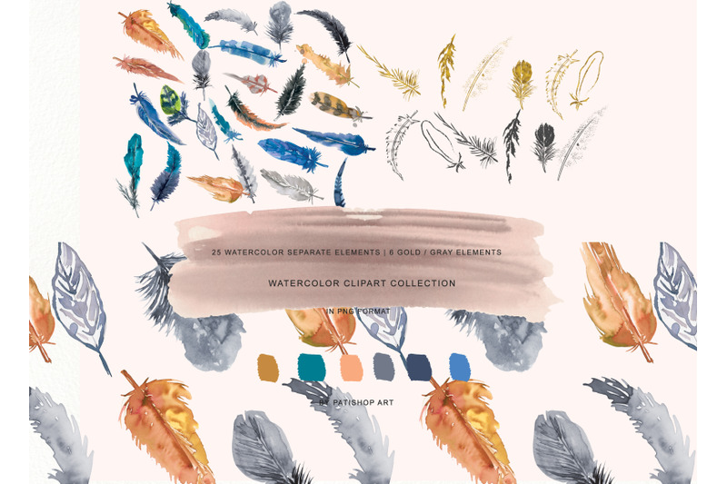 watercolor-burnt-orange-blue-gray-feather-clipart