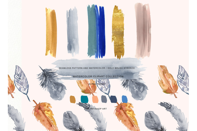 watercolor-burnt-orange-blue-gray-feather-clipart