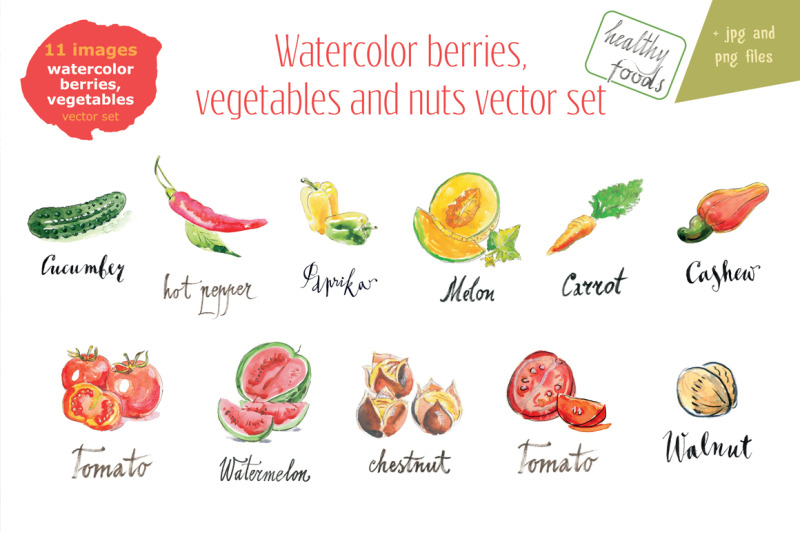 watercolor-vegetables-berries-nuts