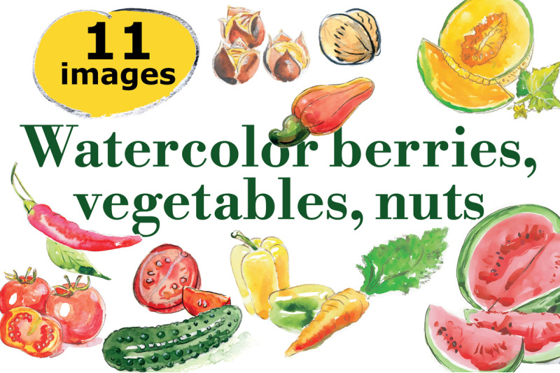 watercolor-vegetables-berries-nuts
