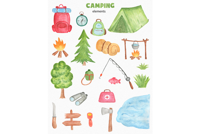 camping-watercolor-clipart-set