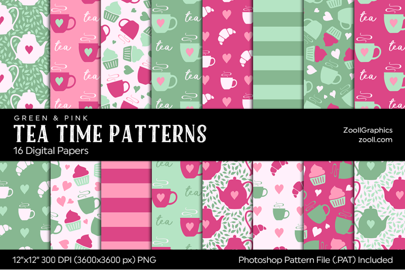 tea-time-digital-papers-green-amp-pink