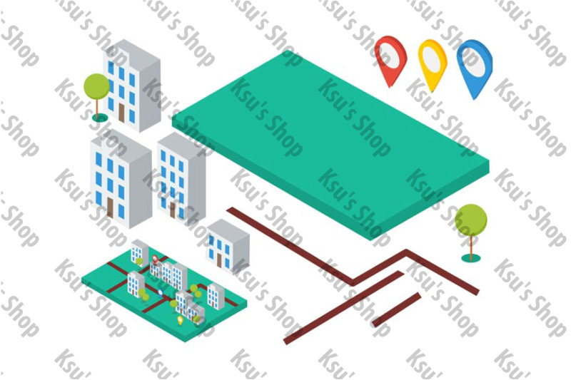 isometric-elements-for-city-map-buildings-trees-gps-icons