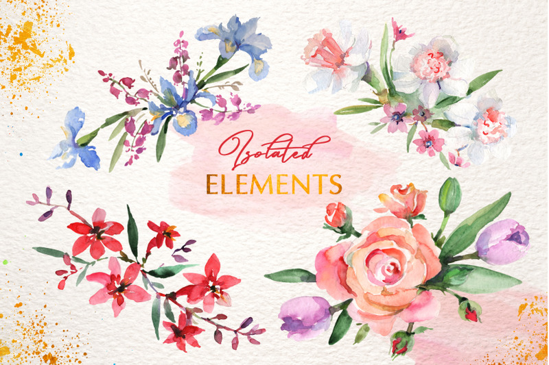 bouquets-with-roses-and-narcissus-pink-watercolor-png