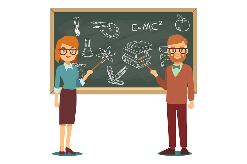 male-and-female-teachers-standing-in-front-of-blank-school-blackboard