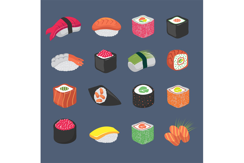 Cartoon sushi rolls japanese cuisine seafood vector set By Microvector