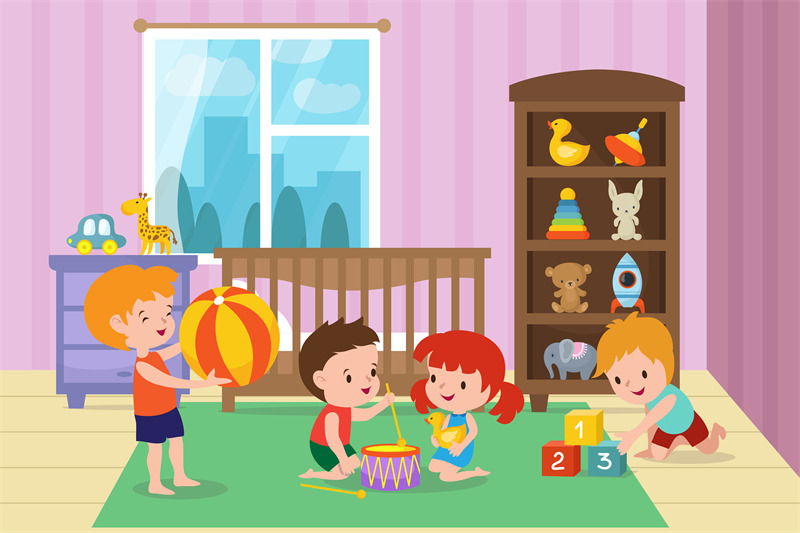 children-playing-with-toys-in-playroom-of-kindergarten-vector-illustra