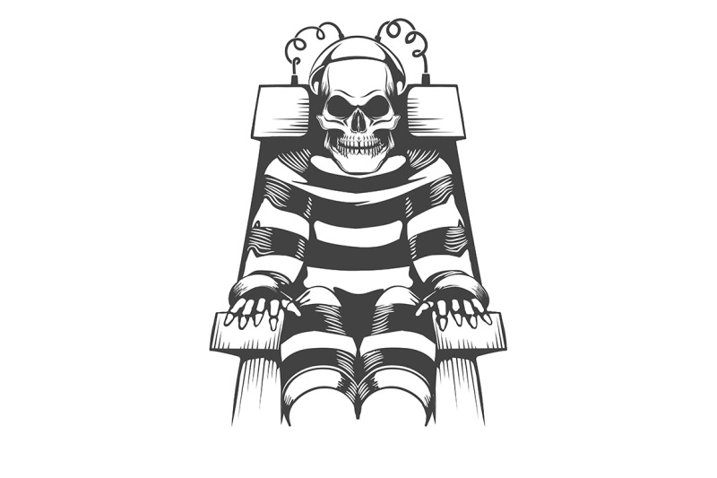 human-skeleton-wear-in-prison-suit-on-electric-chair