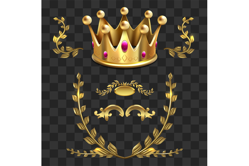 golden-vector-heraldic-elements-kings-crown-laurel-wreath