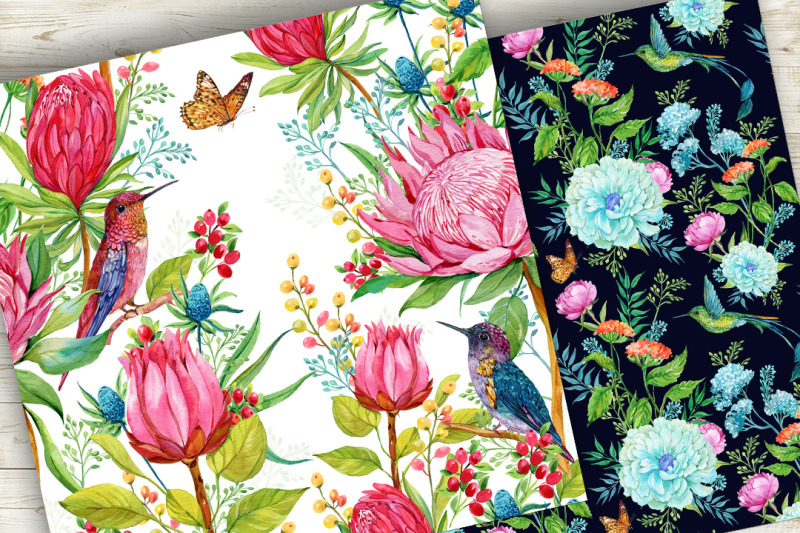 watercolor-seamless-patterns-hummingbird-patterns