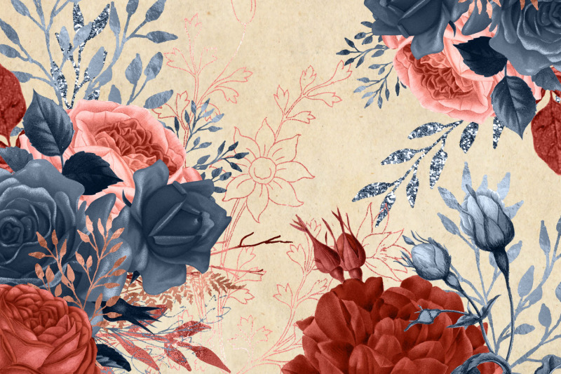 Coral and Navy Floral Clipart By Digital Curio | TheHungryJPEG.com