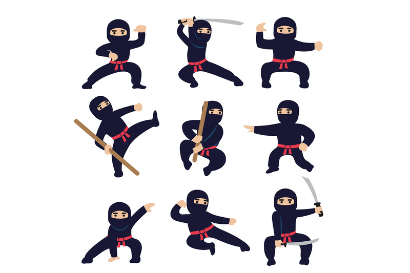 cartoon-funny-warriors-ninja-or-samurai-vector-characters