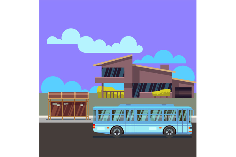 residential-modern-house-with-bus-stop-and-bus-flat-vector-illustraio