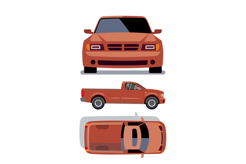 vector-flat-style-cars-in-different-views-orange-pickup-truck