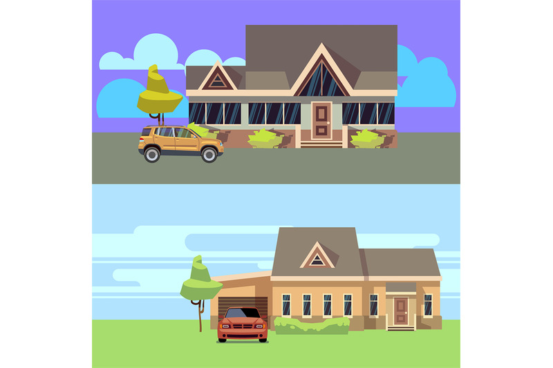 vector-horizontal-banners-set-with-houses-with-cars-flat-vector-illus