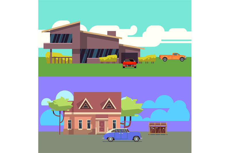 vector-set-with-residential-houses-with-cars-flat-vector-illustration