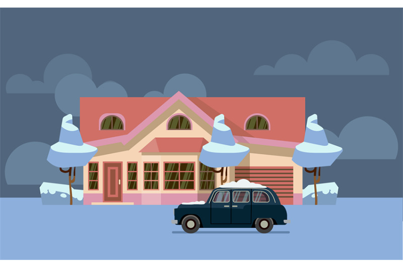 winter-country-house-flat-vector-pink-home-with-old-car-covered-by-sn
