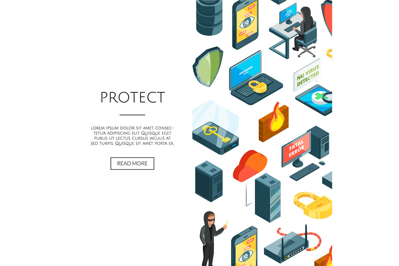 vector-isometric-data-and-computer-safety-icons-background-with-place