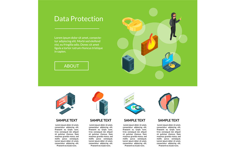 vector-isometric-data-and-computer-safety-icons-landing-page-template