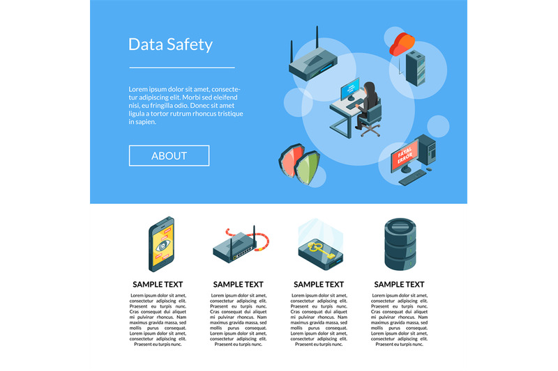 vector-isometric-data-and-computer-safety-icons-landing-page-template