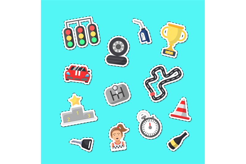 vector-flat-car-racing-icons-stickers-set-illustration