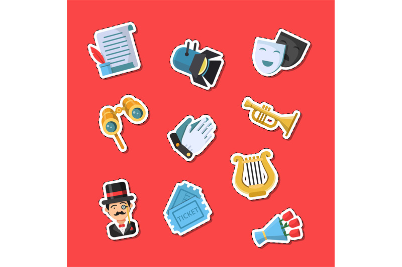 vector-flat-theatre-icons-stickers-set-illustration