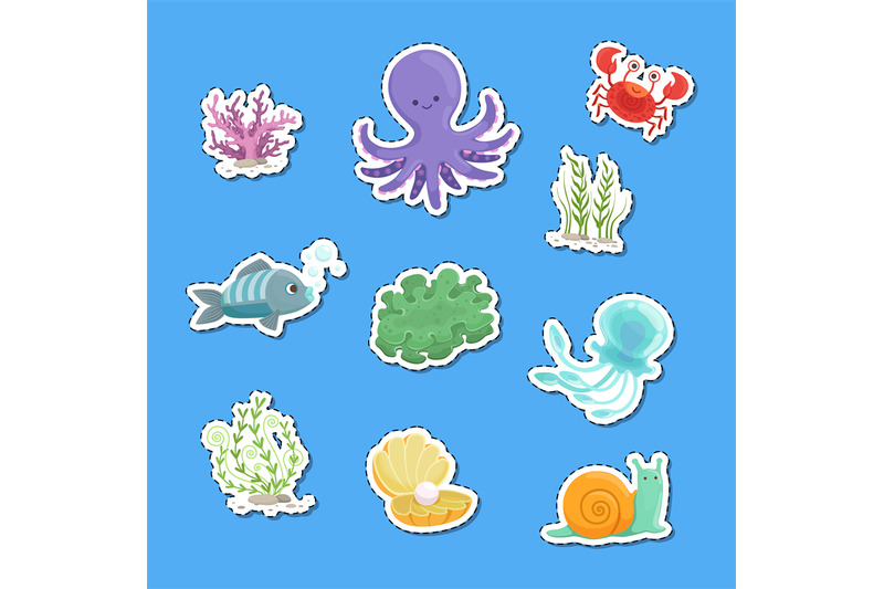 vector-cartoon-underwater-creatures-and-seaweed-sticker-set-illustrati