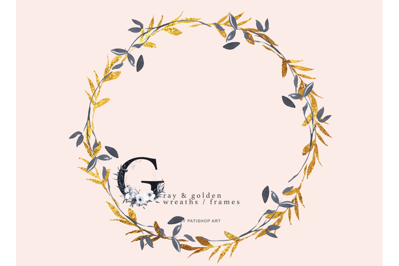 elegant-gray-florals-alphabet-gray-and-golden-wreaths-collection