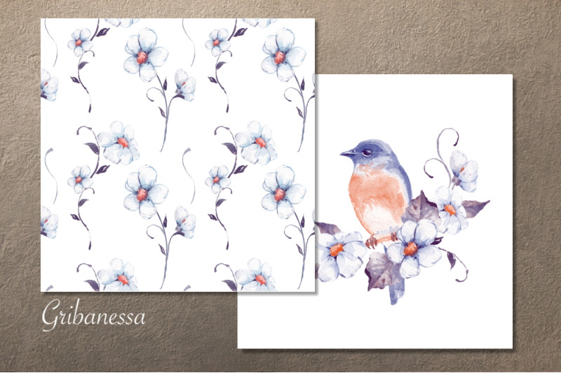 watercolor-bird-clipart-and-floral-pattern