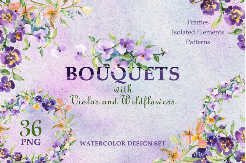 bouquets-with-violas-and-wildflowers-watercolor-png