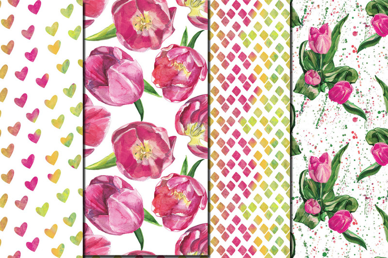 watercolor-pink-tulips-seamless-patterns