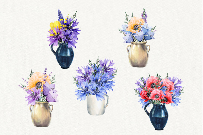 watercolor-meadow-flowers-in-rustic-vases