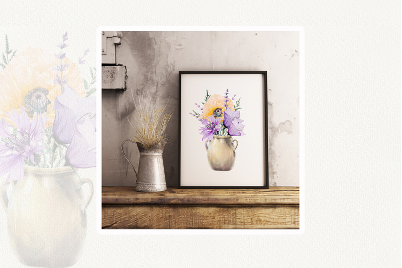 watercolor-meadow-flowers-in-rustic-vases