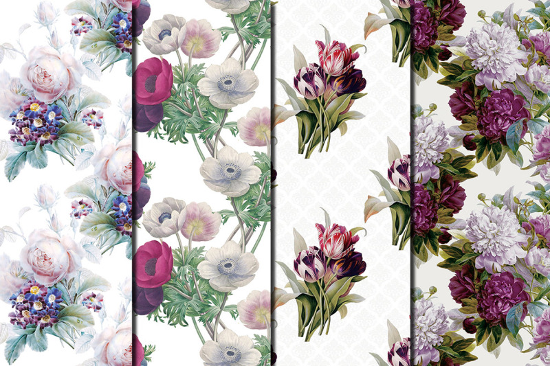 violet-flowers-redoute-seamless-patterns