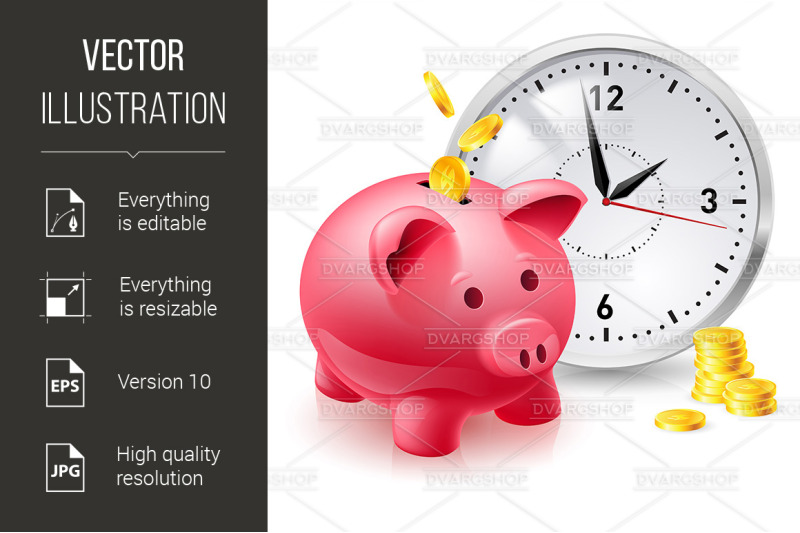 pink-pig-bank-with-coins-and-clock