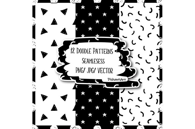 12-hand-drawn-doodle-monochrome-patterns-trendy-abstract-doodle-digi