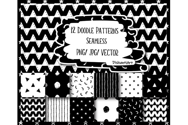 12-hand-drawn-doodle-monochrome-patterns-trendy-abstract-doodle-digi