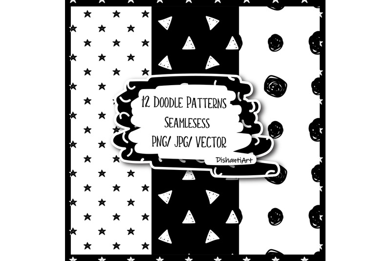 12-hand-drawn-doodle-monochrome-patterns-trendy-abstract-doodle-digi