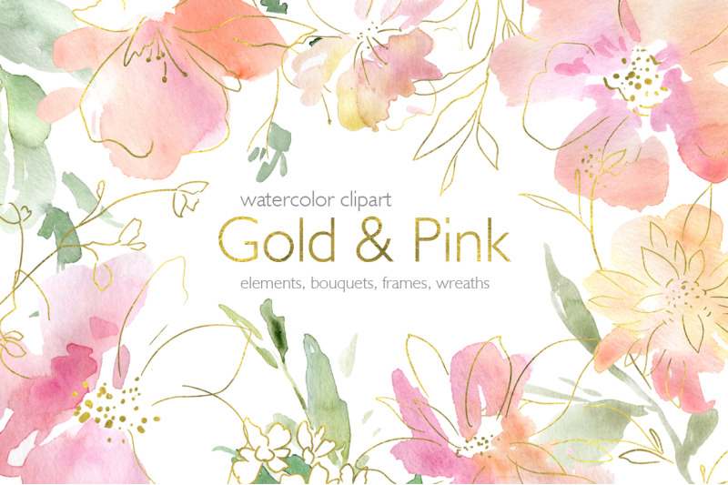 pink-gold-watercolor-flowers-frames-wreaths-png