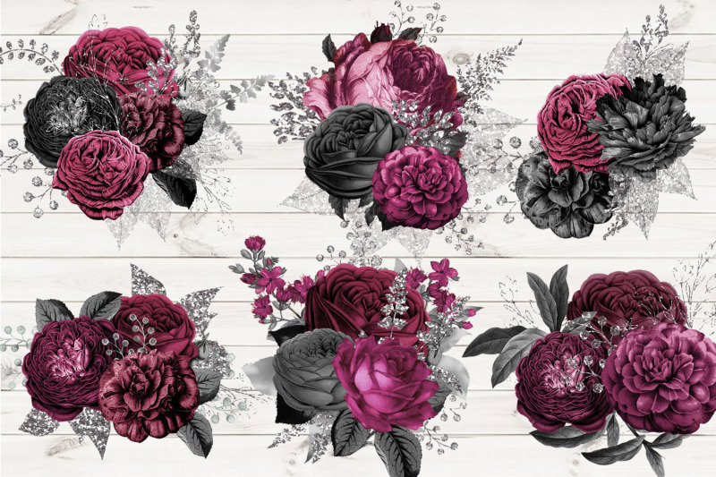 marsala-black-and-silver-floral-bouquets-clipart