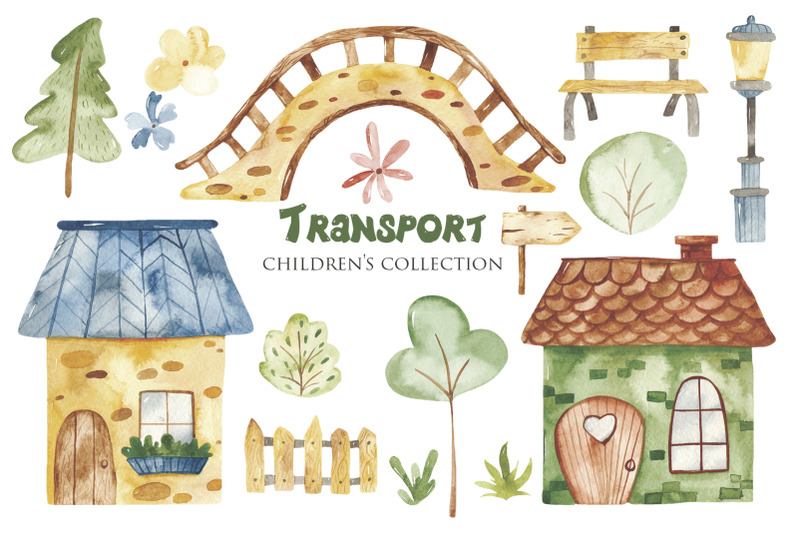 watercolor-transport-and-houses