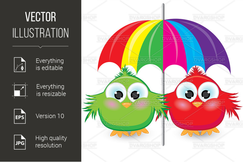 two-cartoon-sparrow-under-the-colorful-umbrella