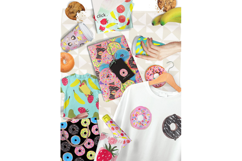 food-sushi-pizza-donuts-fuits-desserts-clipart-illustrations-set