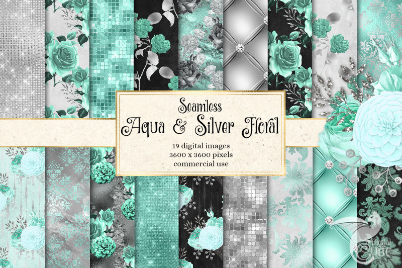 aqua-and-silver-floral-digital-paper