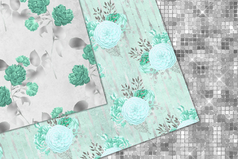 aqua-and-silver-floral-digital-paper