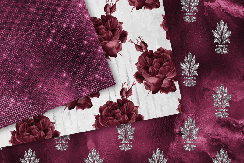 burgundy-and-silver-floral-digital-paper