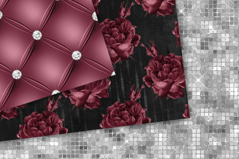 burgundy-and-silver-floral-digital-paper