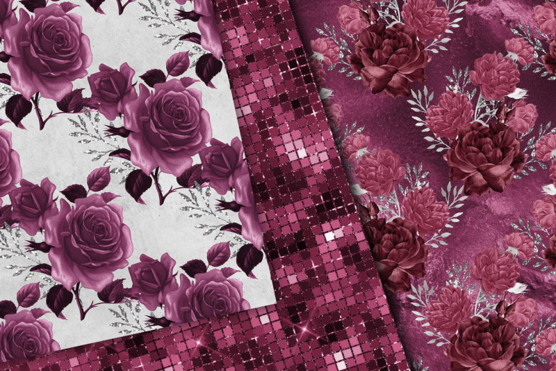 burgundy-and-silver-floral-digital-paper