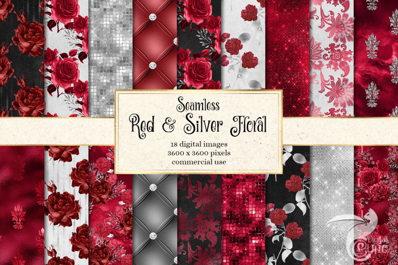 red-and-silver-floral-digital-paper