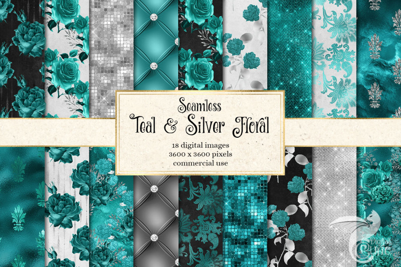 teal-and-silver-floral-digital-paper